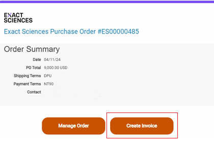 Screenshot of Order Summary page with Create Invoice button highlighted on Coupa Supplier Portal.